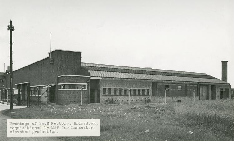 Image of Photograph of  ' Frontage of No. 6 Factory, Brimsdown, requisitioned by MAP for Lancaster elevator production'