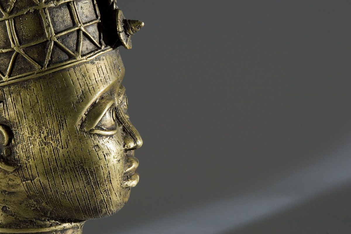 Close up side view of a brass head