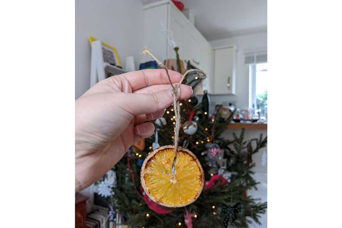 Dried out orange slice decoration held up in front of a Christmas tree